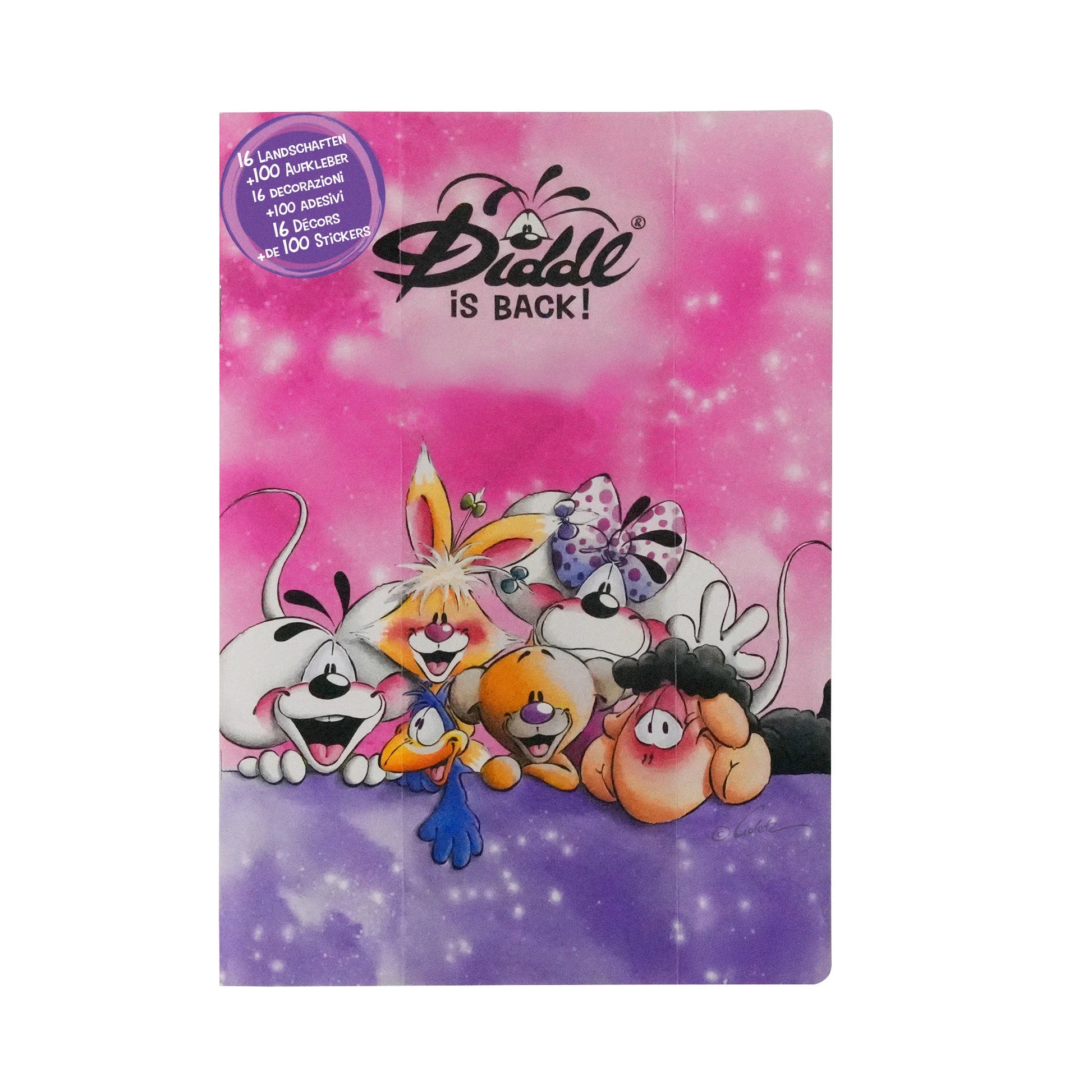 Diddl Stickerbuch mit wiederverwendbaren Stickern, Cover zeit Diddl und seine Freunde auf einem lili-rosa Hintergrund