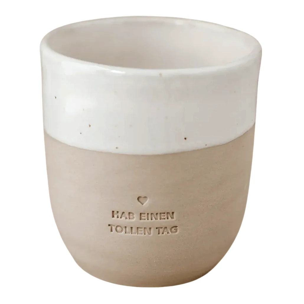 Handgefertigter Becher "Toller Tag" aus Steingut
