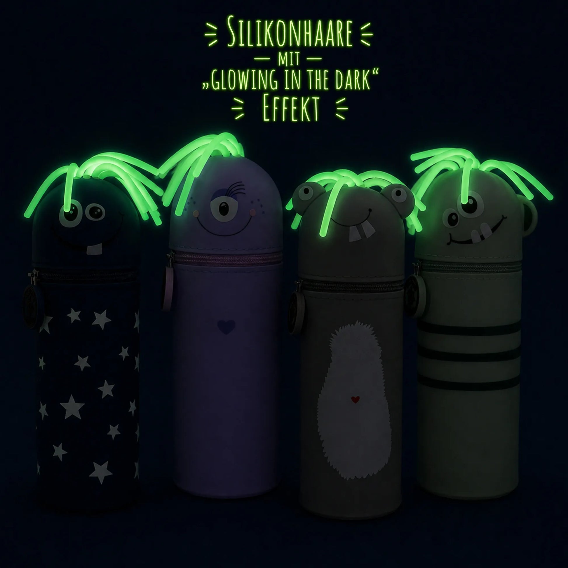 Federmäppchen aus Silikon lustige Monster mit leuchtenden Haaren (glow in the dark Effekt)