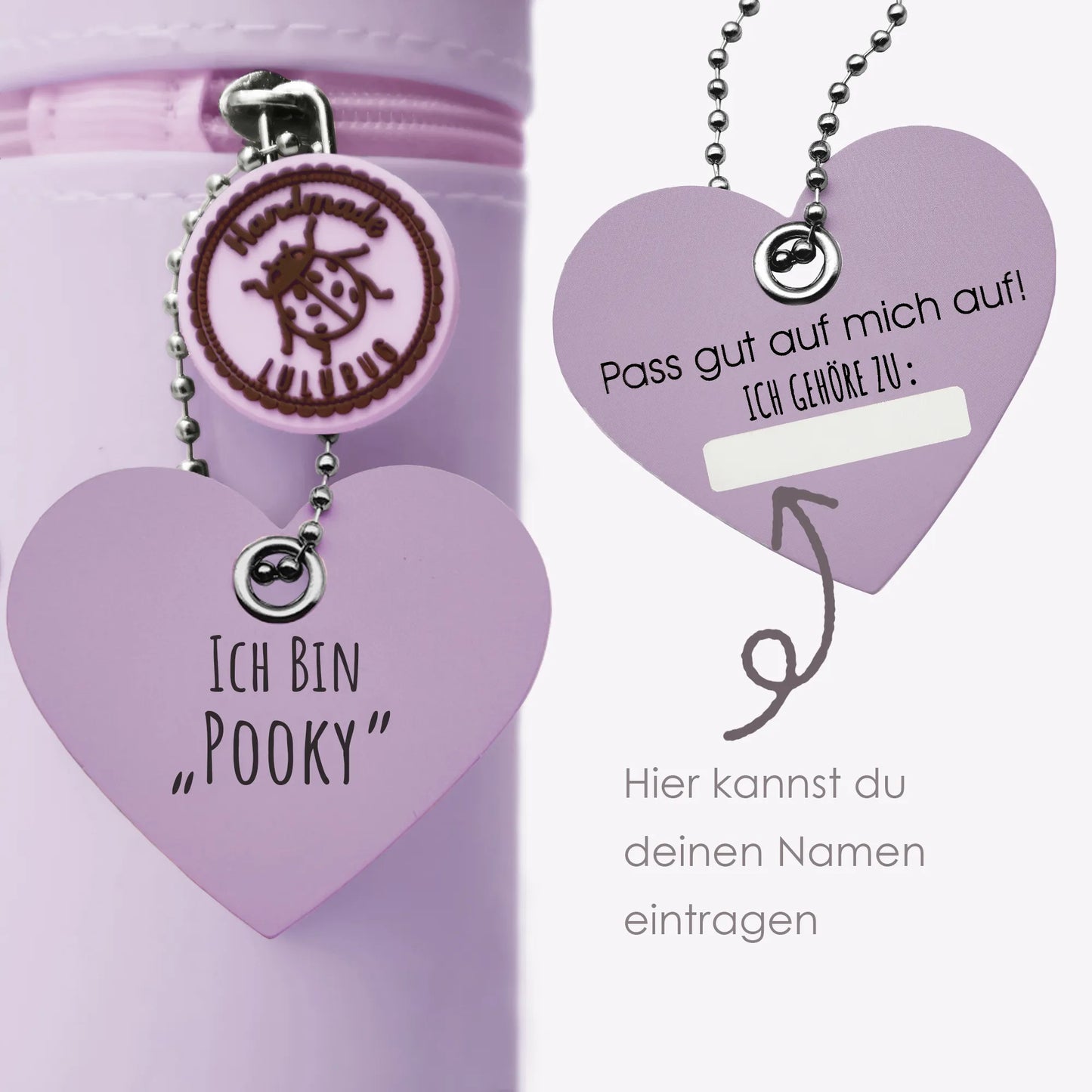 Federmäppchen aus Silikon „Monster Pooky“ mit Herzanhänger zum Beschriften