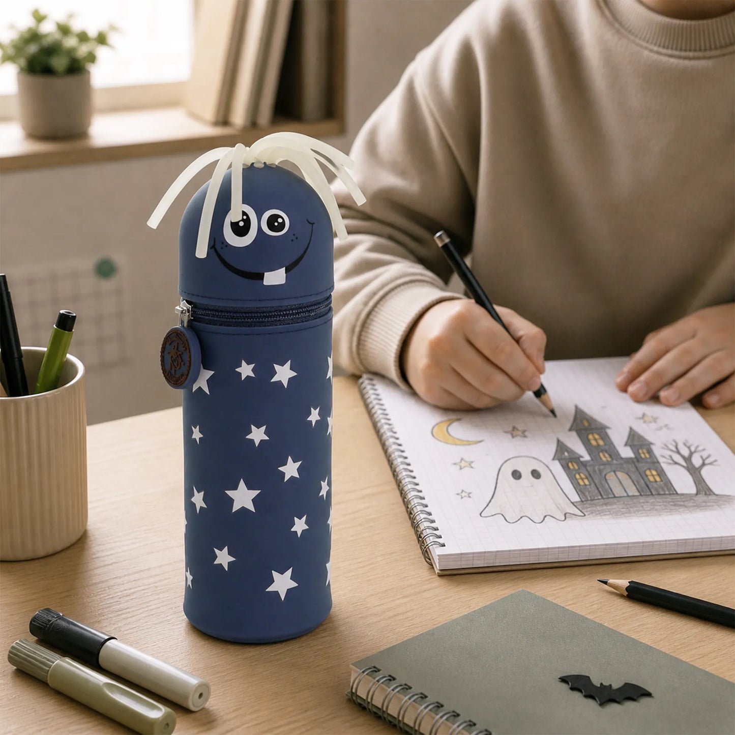 Federmäppchen aus Silikon „Monster Zilly“ im Gebrauch