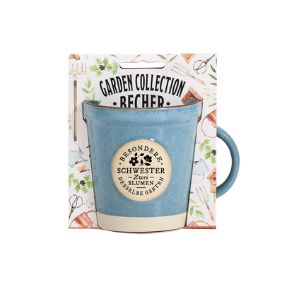 Becher im Pflanztopf-Design „Besondere Schwester" - aus Steinzeug mit Henkel