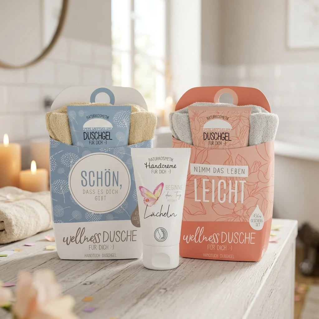 Wellness-Geschenksets mit Naturkosmetik-Duschgel und Handtuch in blauer und rosafarbener Verpackung sowie Handcreme als Geburtstagsgeschenke für Frauen