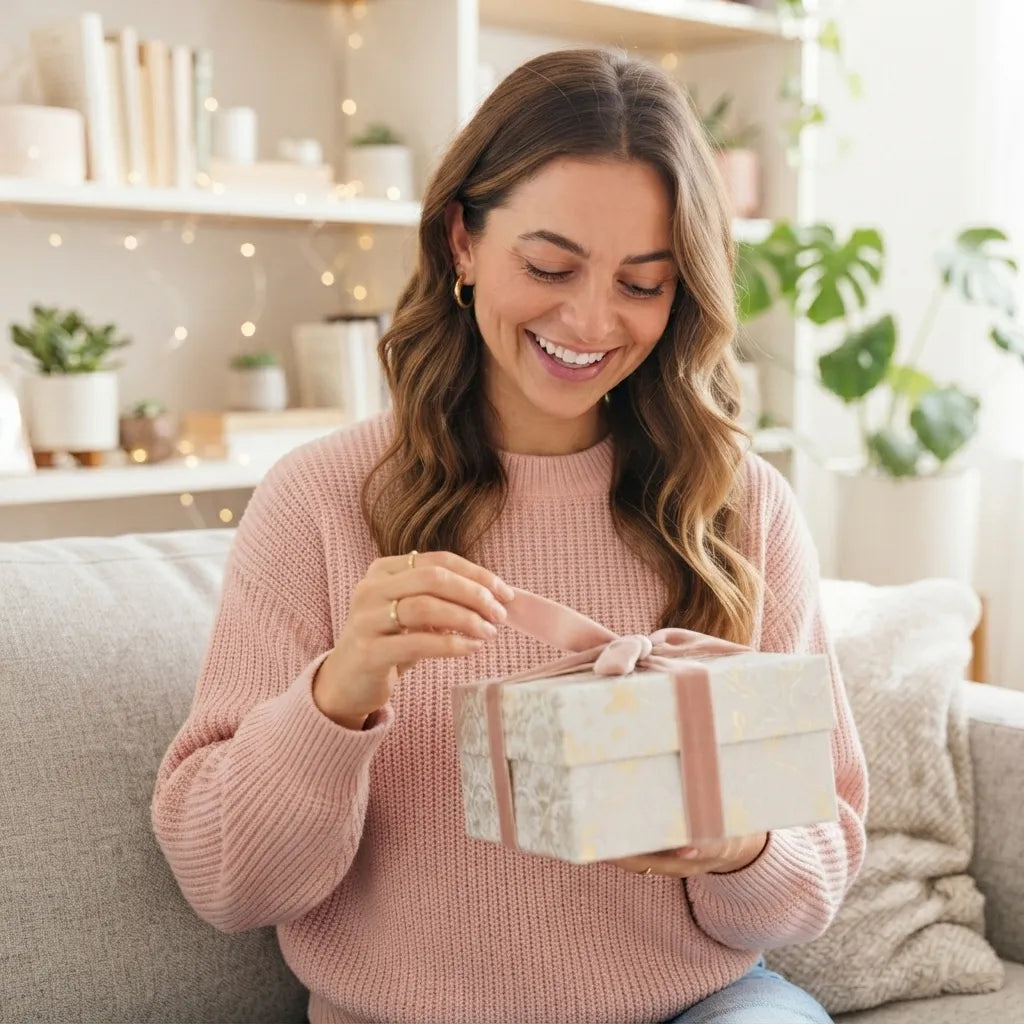 Eine lächelnde Frau in einem rosa Pullover öffnet ein Geschenk