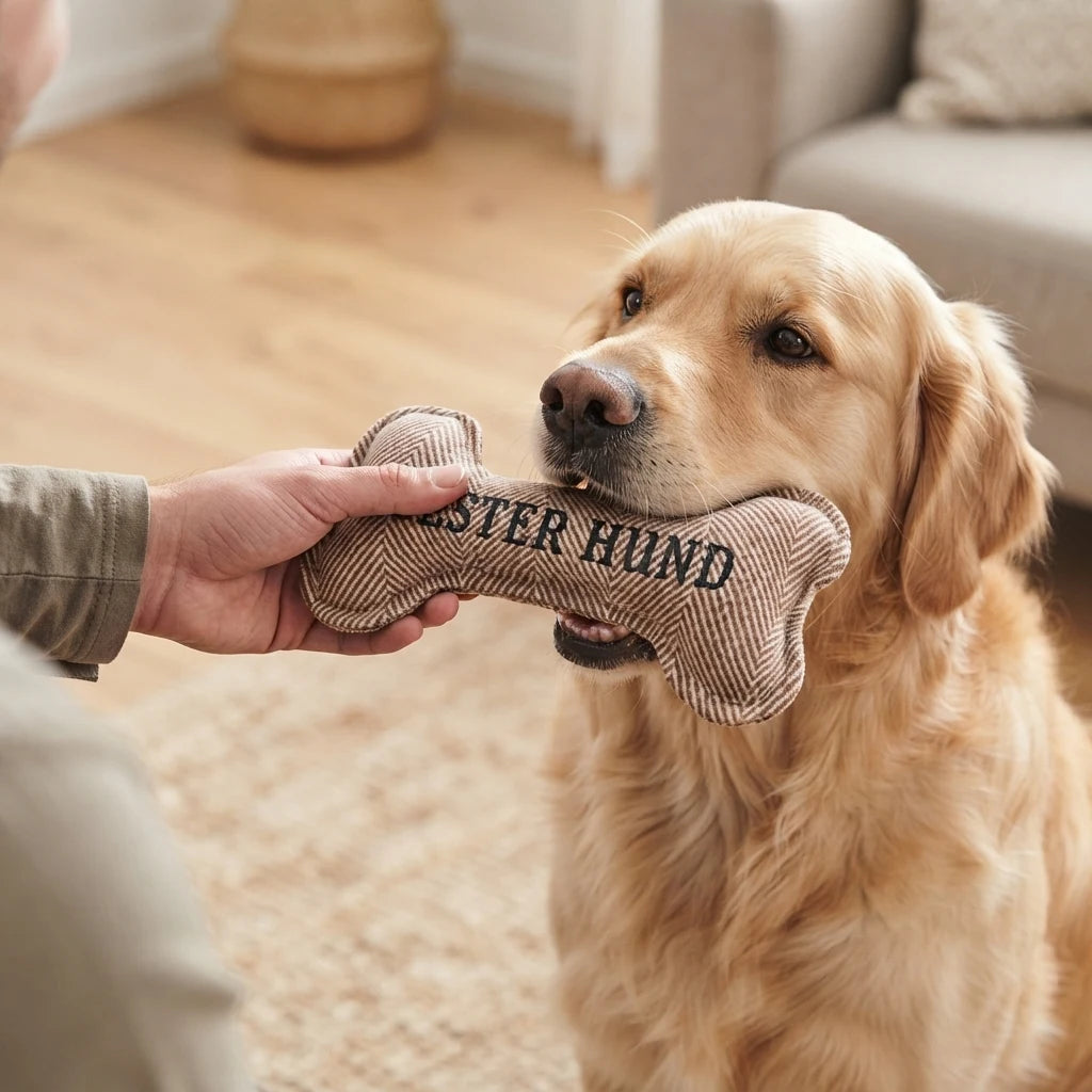 Ein Golden Retriever hält ein Spielzeug mit der Aufschrift „BESTER HUND“ im Maul