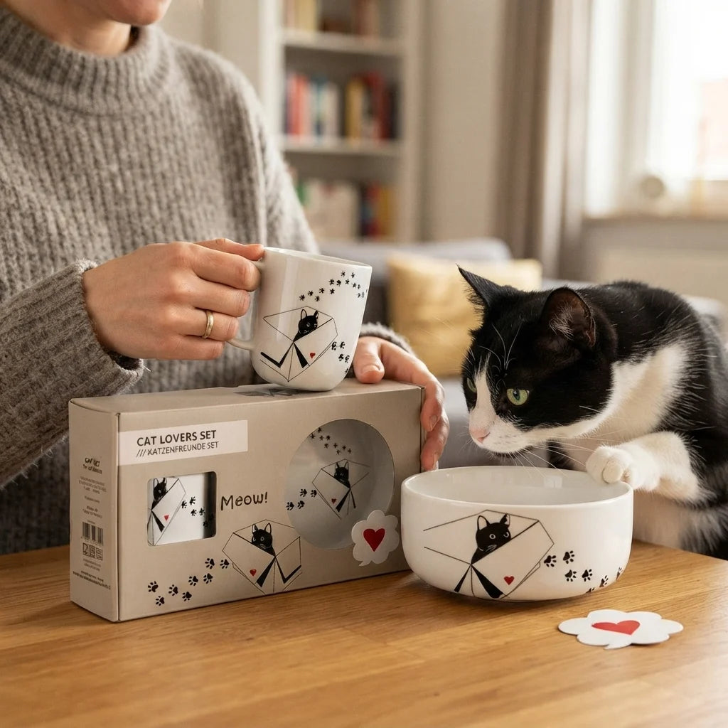 Eine Person hält eine Tasse mit Katzen-Motiv, während eine schwarz-weiße Katze neugierig an einem passenden Napf schnuppert