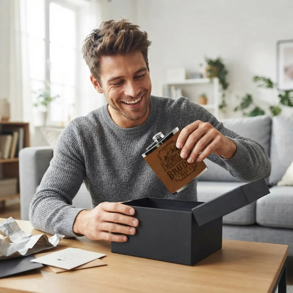 Ein Mann in einem grauen Pullover packt einen Flachmann als Geschenk aus