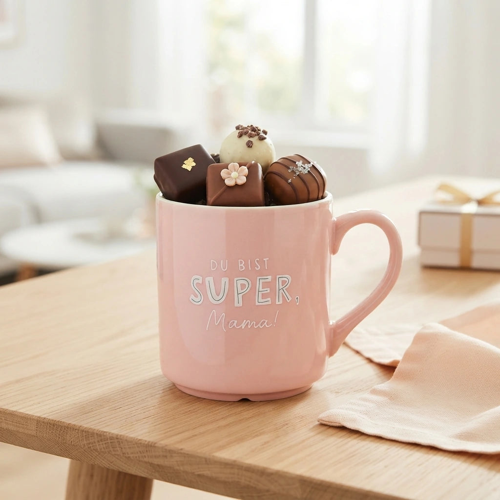 Eine rosa Tasse gefüllt mit Pralinen und der Aufschrift „Du bist super, Mama!“