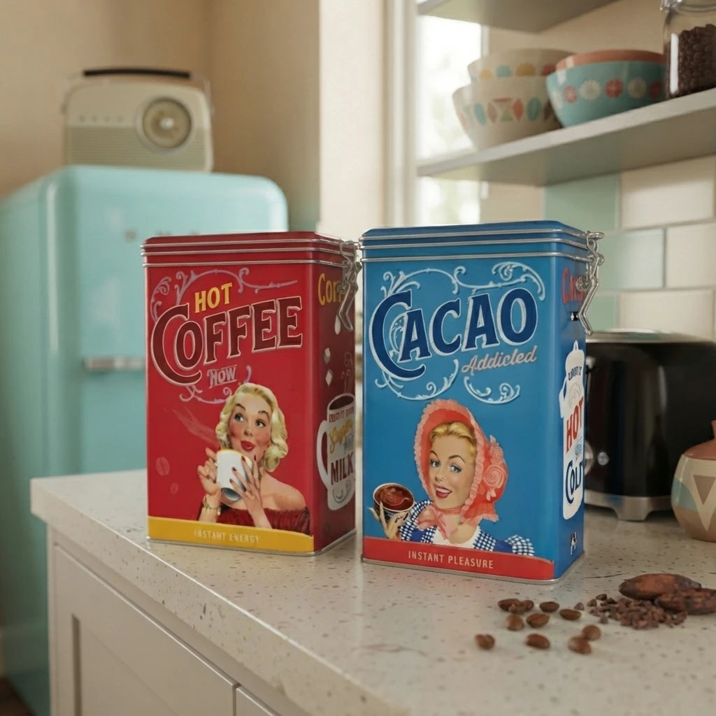 Zwei bunte Retro-Vorratsdosen für Kaffee und Cacao mit Pin-up-Motiven stehen auf einer Küchenanrichte