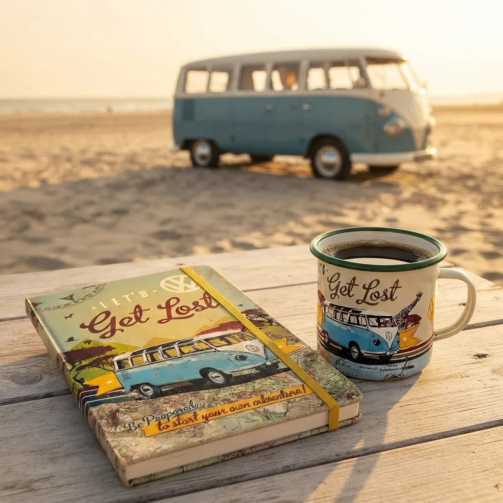 Ein Notizbuch und eine Tasse mit VW-Bulli-Motiven stehen auf einem Holztisch am Strand vor einem echten Bulli