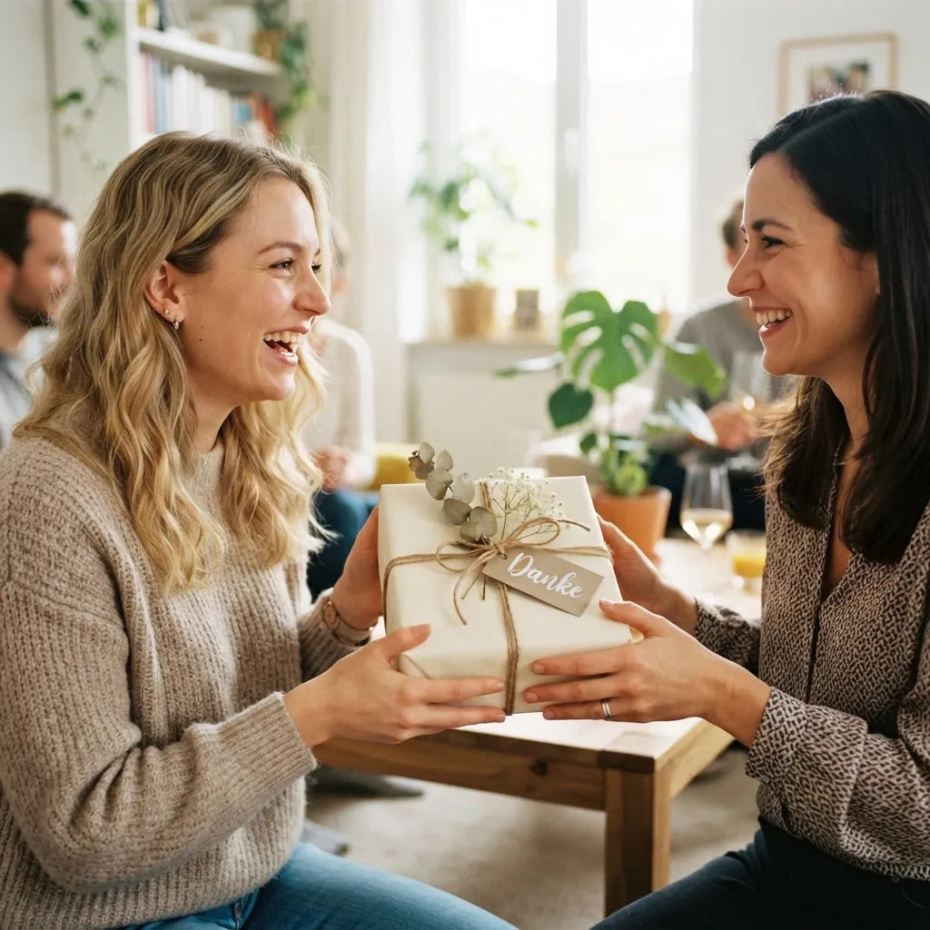Zwei Frauen lächeln sich an, während eine von ihnen ein liebevoll verpacktes Geschenk mit einem „Danke“-Anhänger überreicht