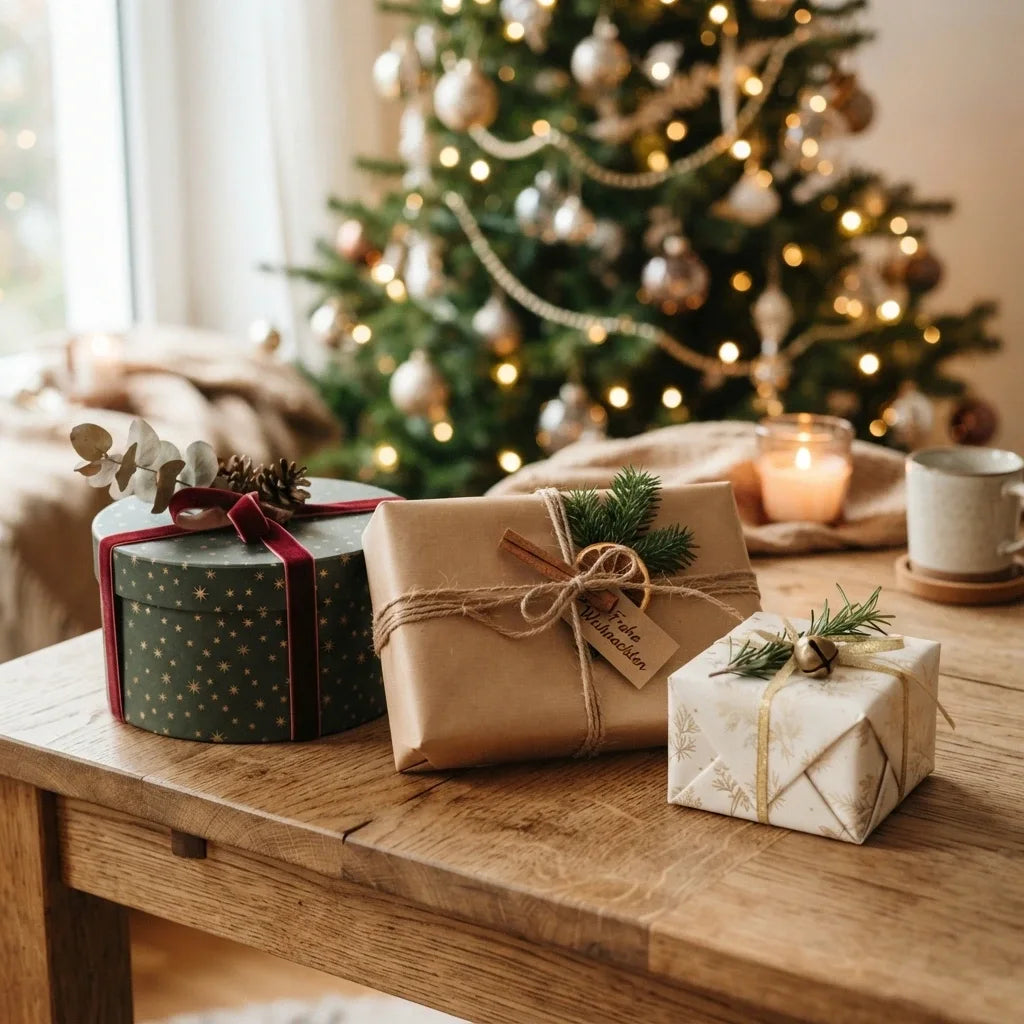 Festlich verpackte Weihnachtsgeschenke liegen auf einem Holztisch vor einem geschmückten Weihnachtsbaum mit Lichterkette