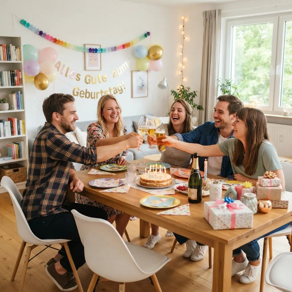 Eine Gruppe von Freunden stößt an einem festlich gedeckten Geburtstagstisch mit Geschenken und Torte an