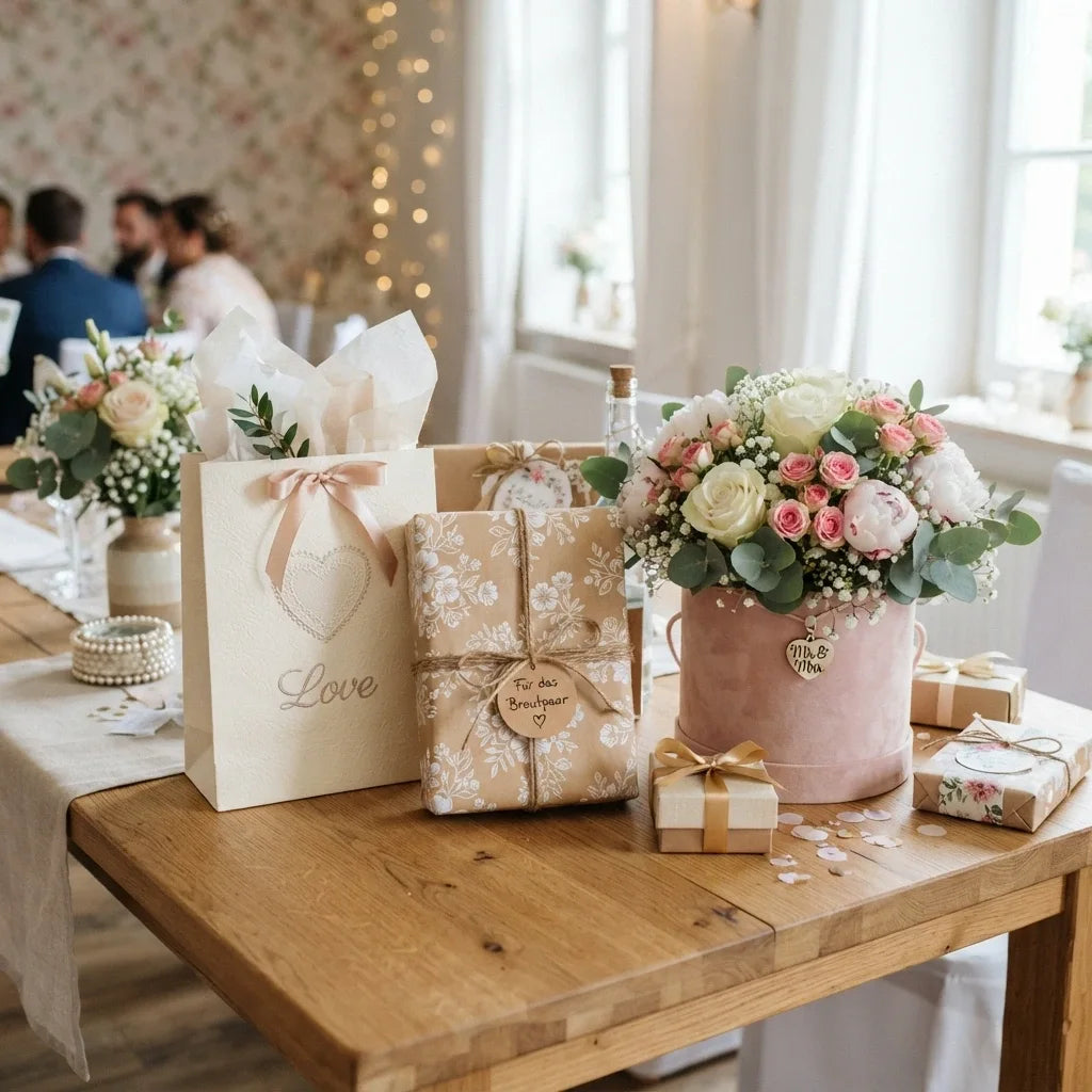 Festlich verpackte Geschenke und eine Blumenbox mit der Aufschrift „Für das Brautpaar“ stehen auf einem Holztisch bei einer Hochzeitsfeier