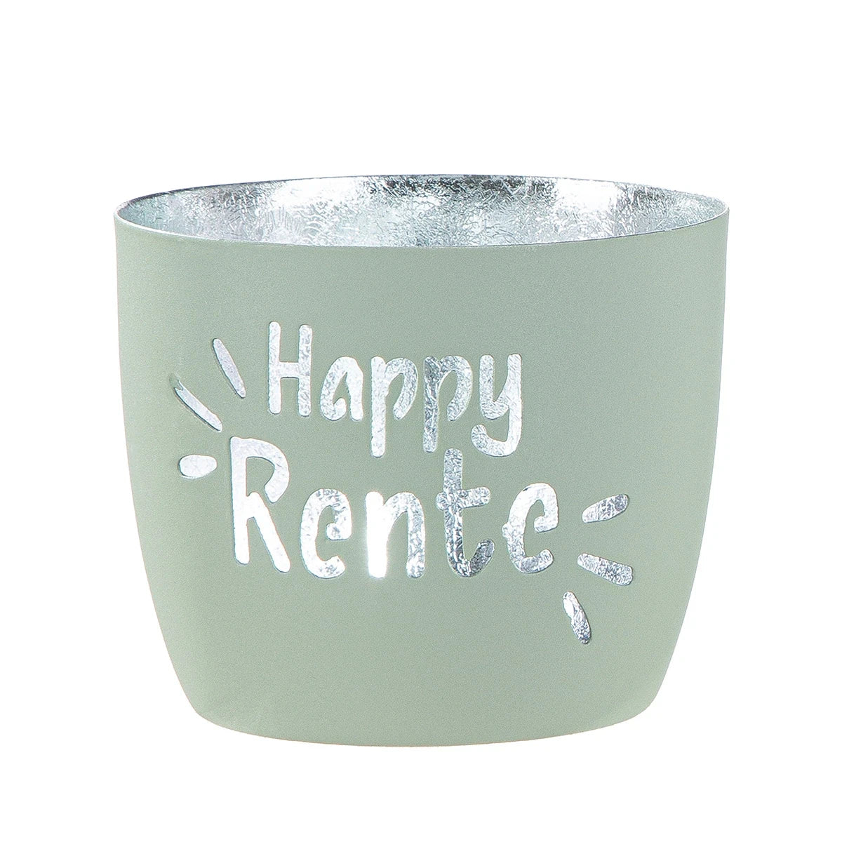 Windlicht "Happy Rente" aus Metall Hellgrün/Silber