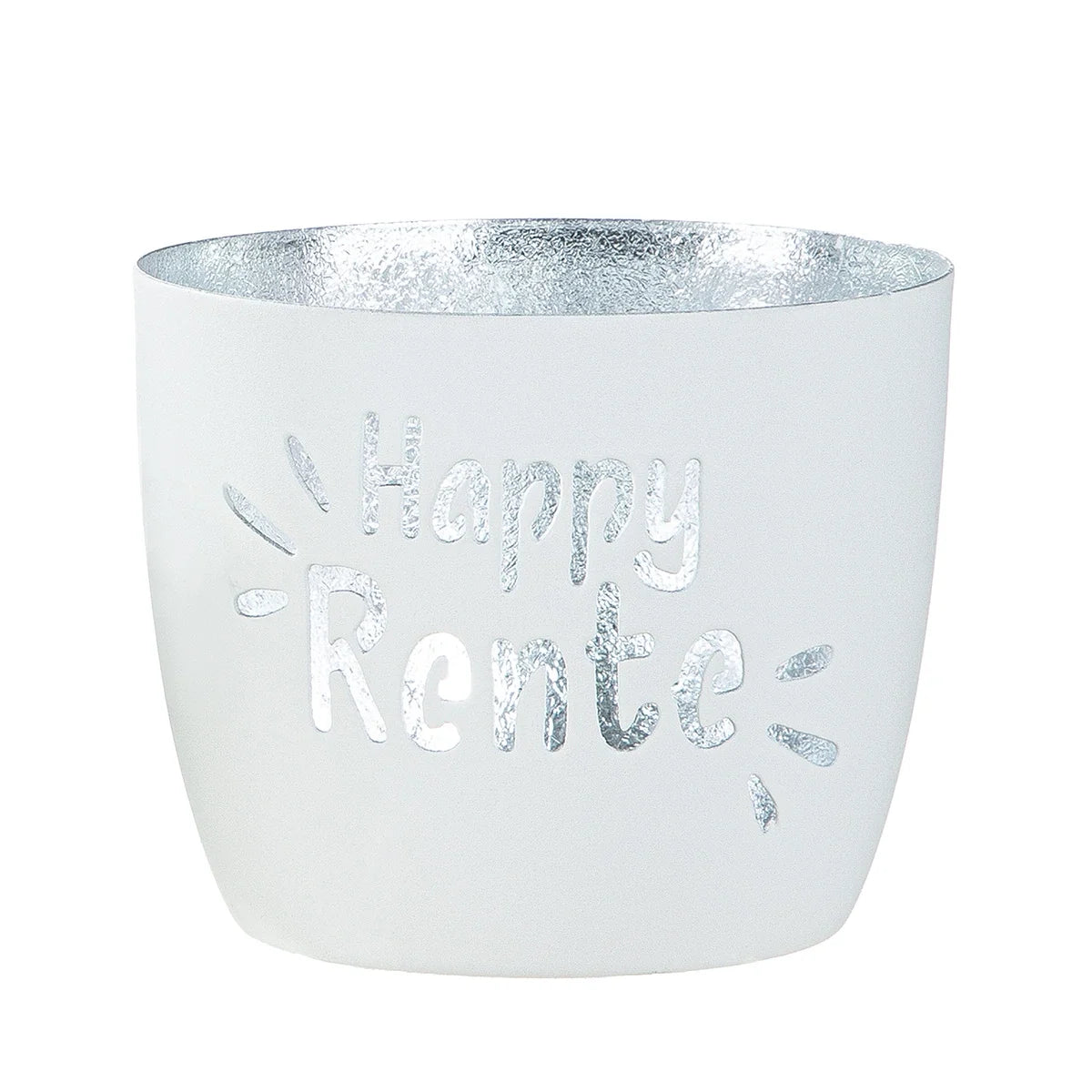 Windlicht "Happy Rente" aus Metall Weiß/Silber