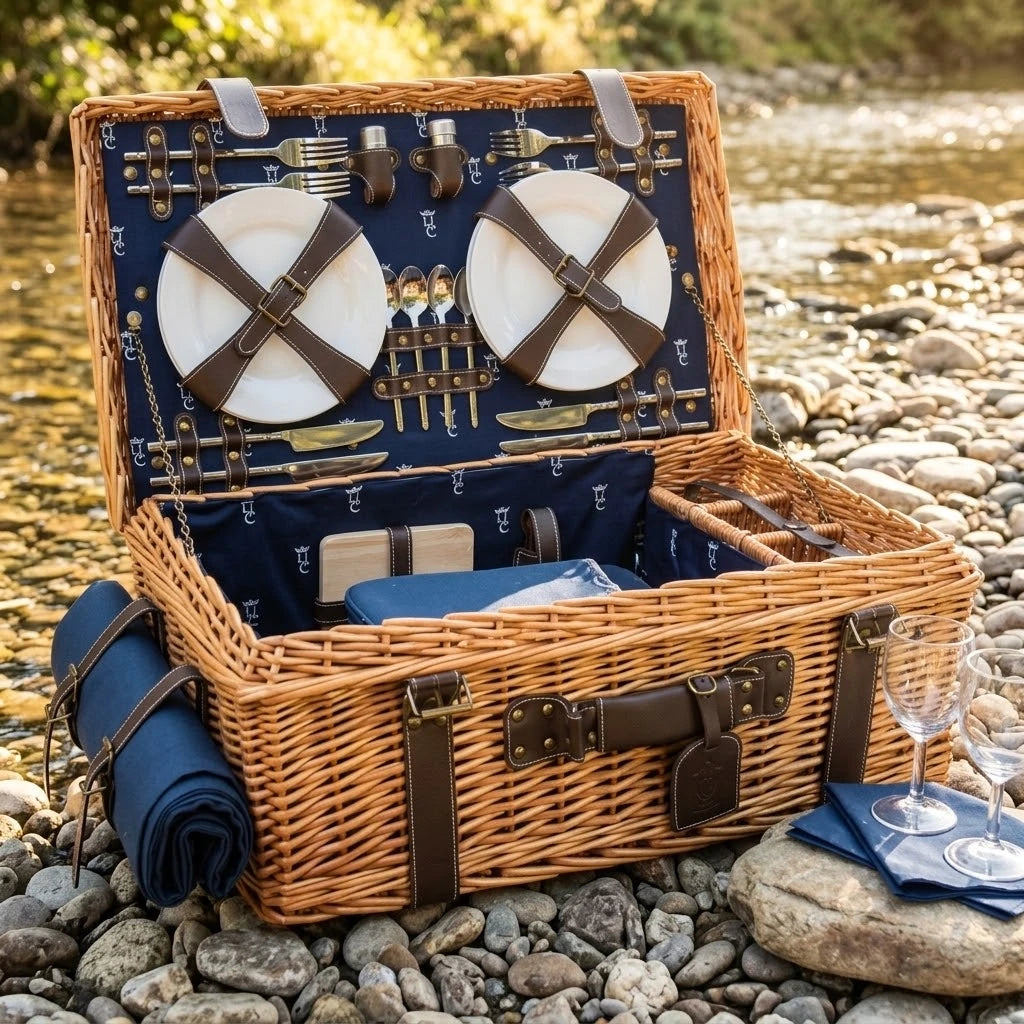 Geöffneter Picknickkorb Champs-Élysées mit blauem Innenfutter, Geschirr und Picknickdecke am Flussufer als hochwertiges Geburtstagsgeschenk