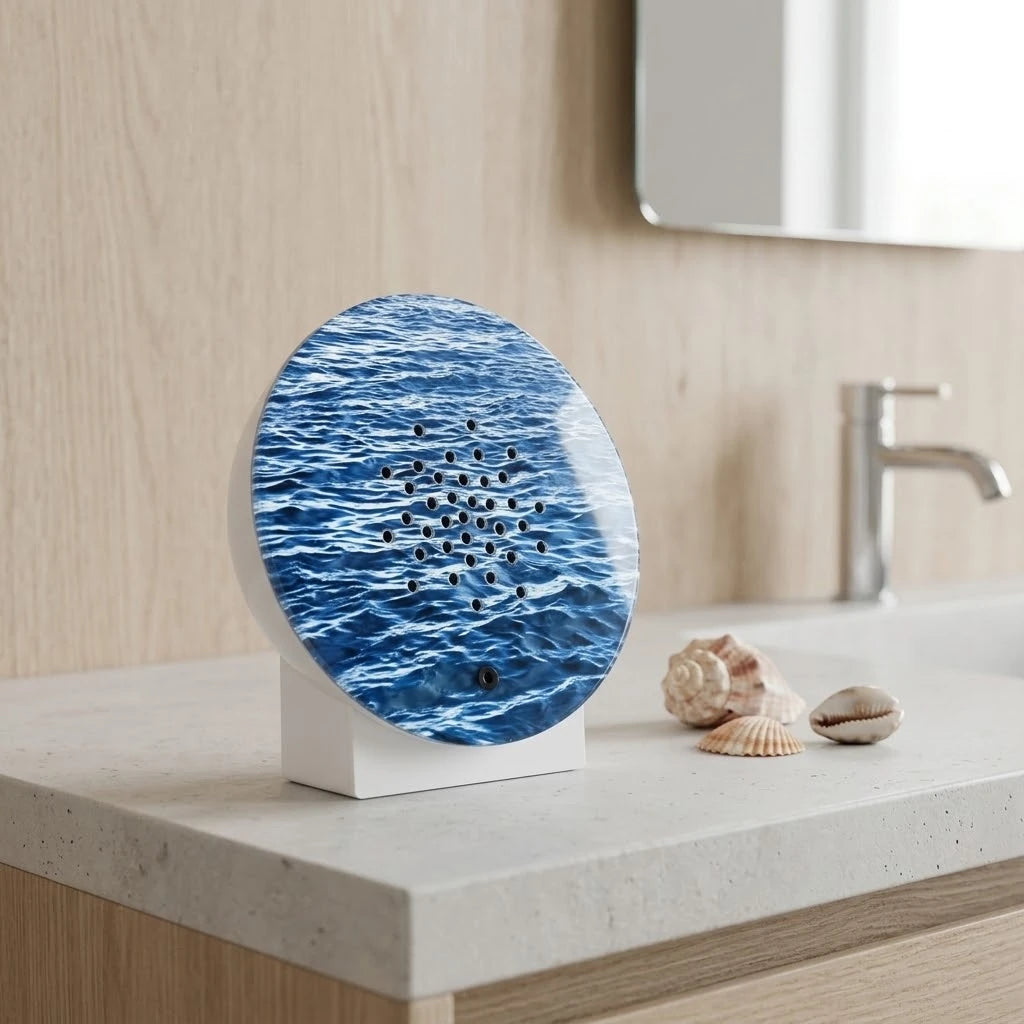 Relaxound Oceanbox Waves mit blauem Meeresmotiv als hochwertiges Geburtstagsgeschenk, auf einem Waschtisch neben Muscheln