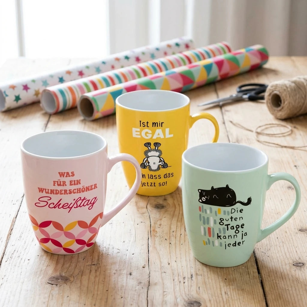 Drei bunte Sheepworld-Tassen mit frechen Sprüchen als lustige Geburtstagsgeschenke auf einem Holztisch mit Geschenkpapier
