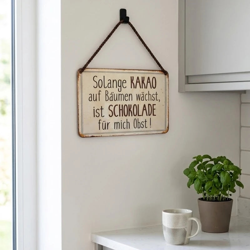 Blechschild an einer Küchenwand mit dem Spruch „Solange Kakao auf Bäumen wächst, ist Schokolade für mich Obst!“