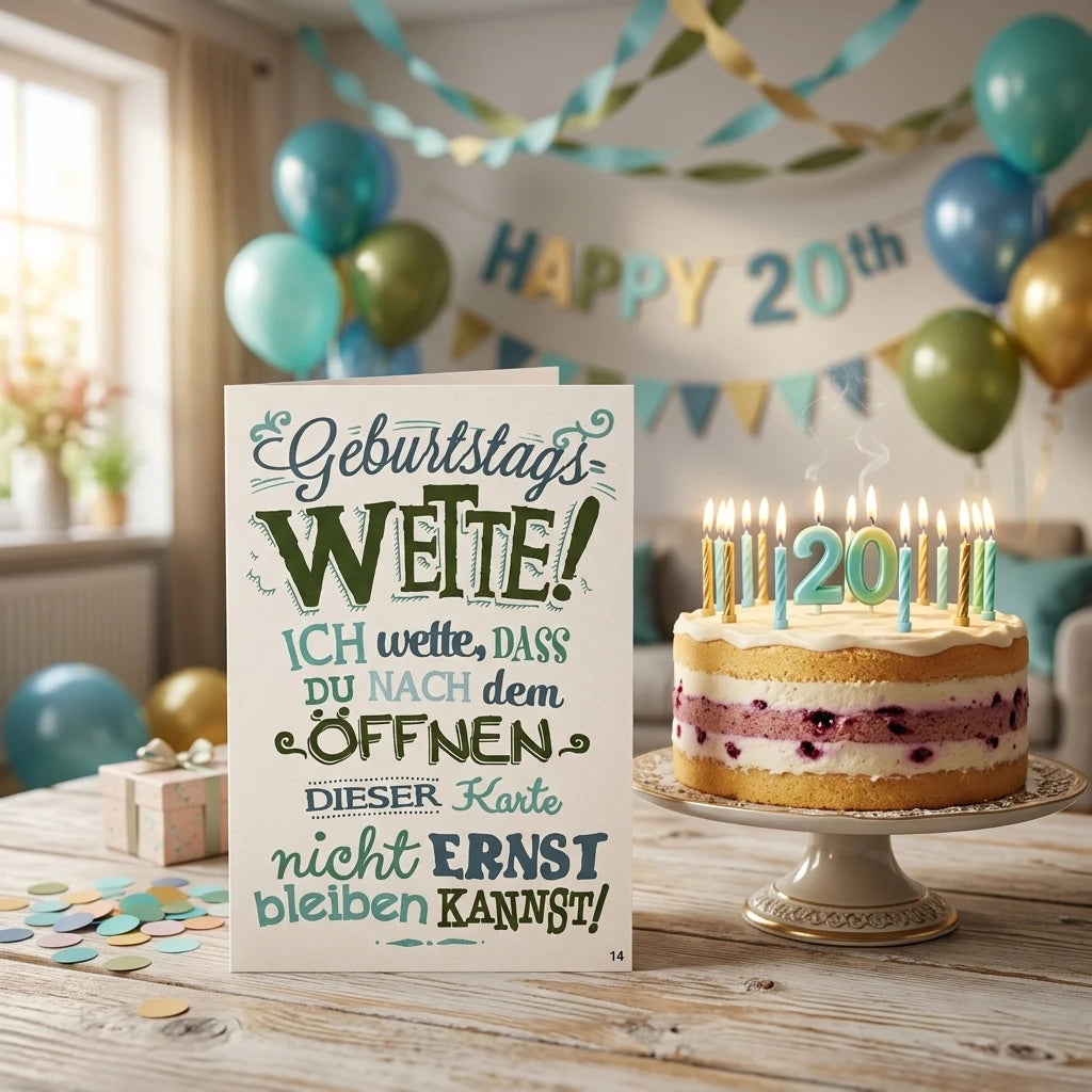 Musikkarte mit dem Spruch „Ich wette, dass du nach dem Öffnen dieser Karte nicht ernst bleiben kannst!“ neben einer Torte zum 20. Geburtstag