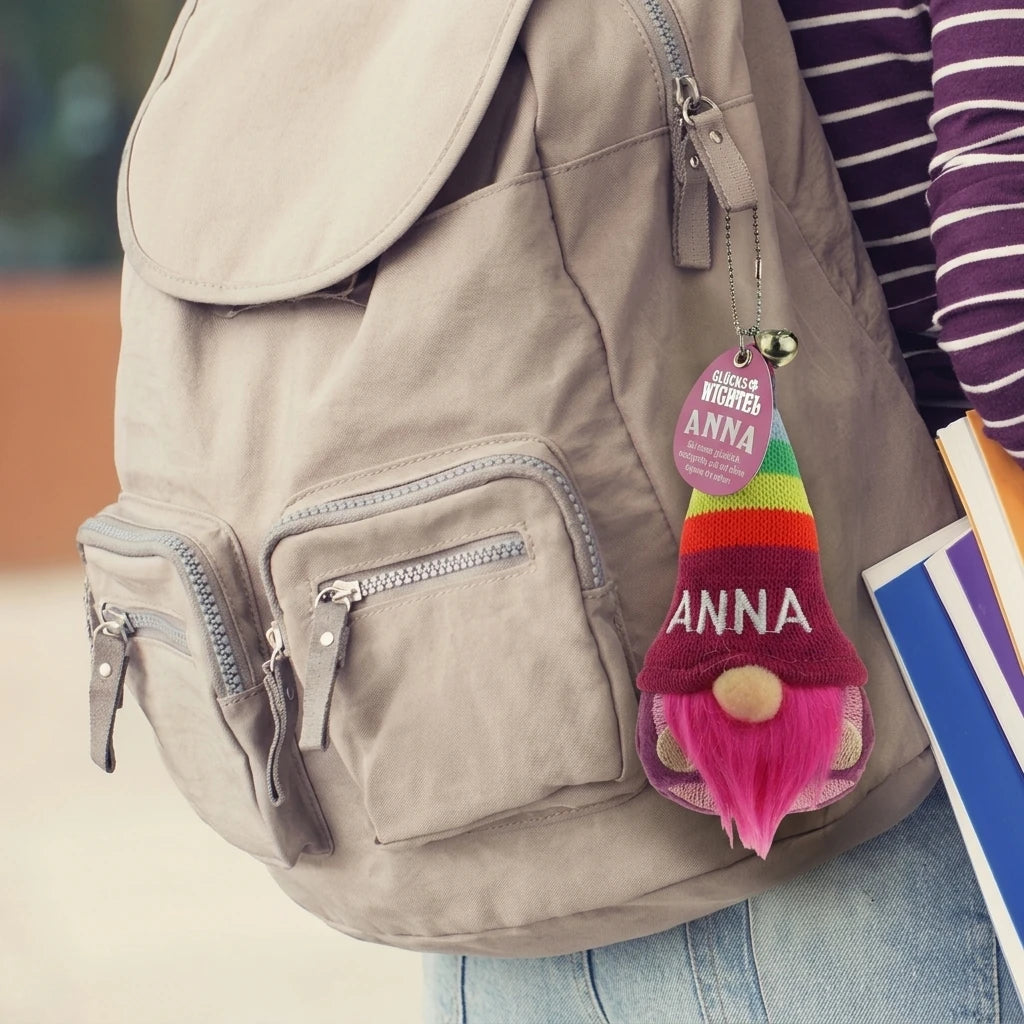 Glückswichtel mit dem Namen Anna, pinkem Bart und bunter Mütze als personalisiertes Geburtstagsgeschenk an einem Rucksack