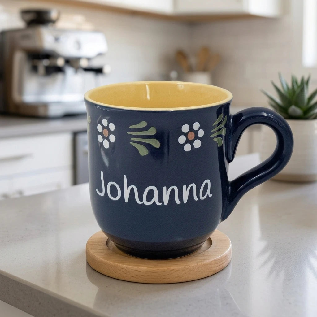 Dunkelblaue Bunzlauer Tasse mit dem Namen „Johanna“, Blumenmuster und gelber Innenseite auf einem Holzuntersetzer