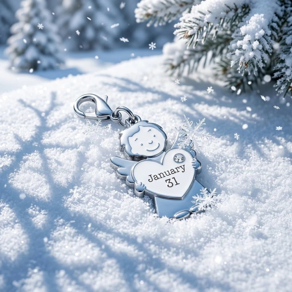 Silberfarbener Schutzengel-Anhänger mit Karabiner und Herz mit Datum January 31 als Geburtstagsgeschenk im Schnee