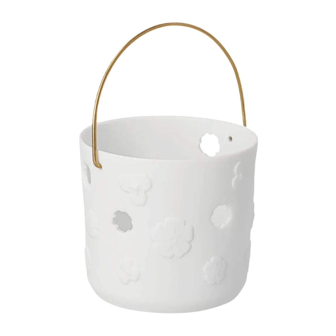 Räder Geschenklaterne „Denk an dich“ aus weißem Porzellan mit Blumenmotiven, blütenförmigen Lichtöffnungen und goldfarbenem Henkel