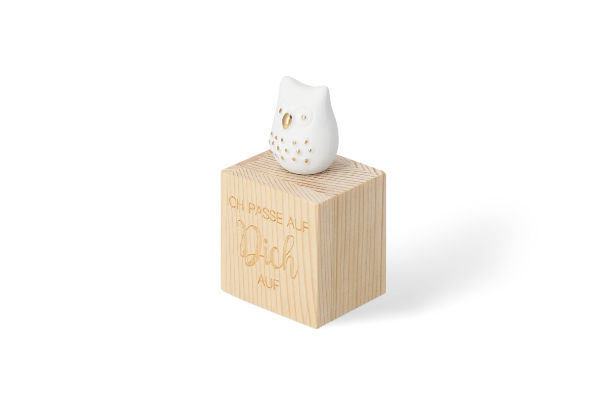 Glückskästchen "Eule" aus Porzellan und Holz Seitenansicht