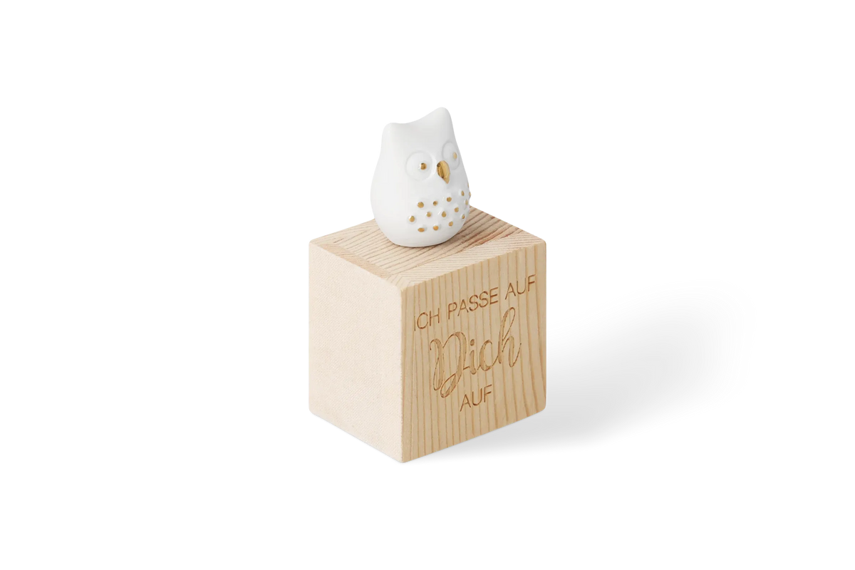 Glückskästchen "Eule" aus Porzellan und Holz Seitenansicht