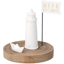 Leuchtturm Meeresgruß "Mehr geht immer" aus Porzellan und Holz