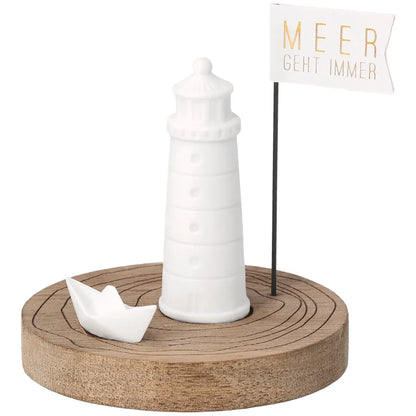 Leuchtturm Meeresgruß "Mehr geht immer" aus Porzellan und Holz