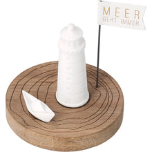 Leuchtturm Meeresgruß "Mehr geht immer" aus Porzellan und Holz
