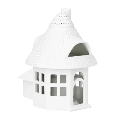 Weißes räder Lichthaus „Reetdachturm“ aus Porzellan mit strukturiertem Turmdach, Dachgaube und zahlreichen Fensteröffnungen