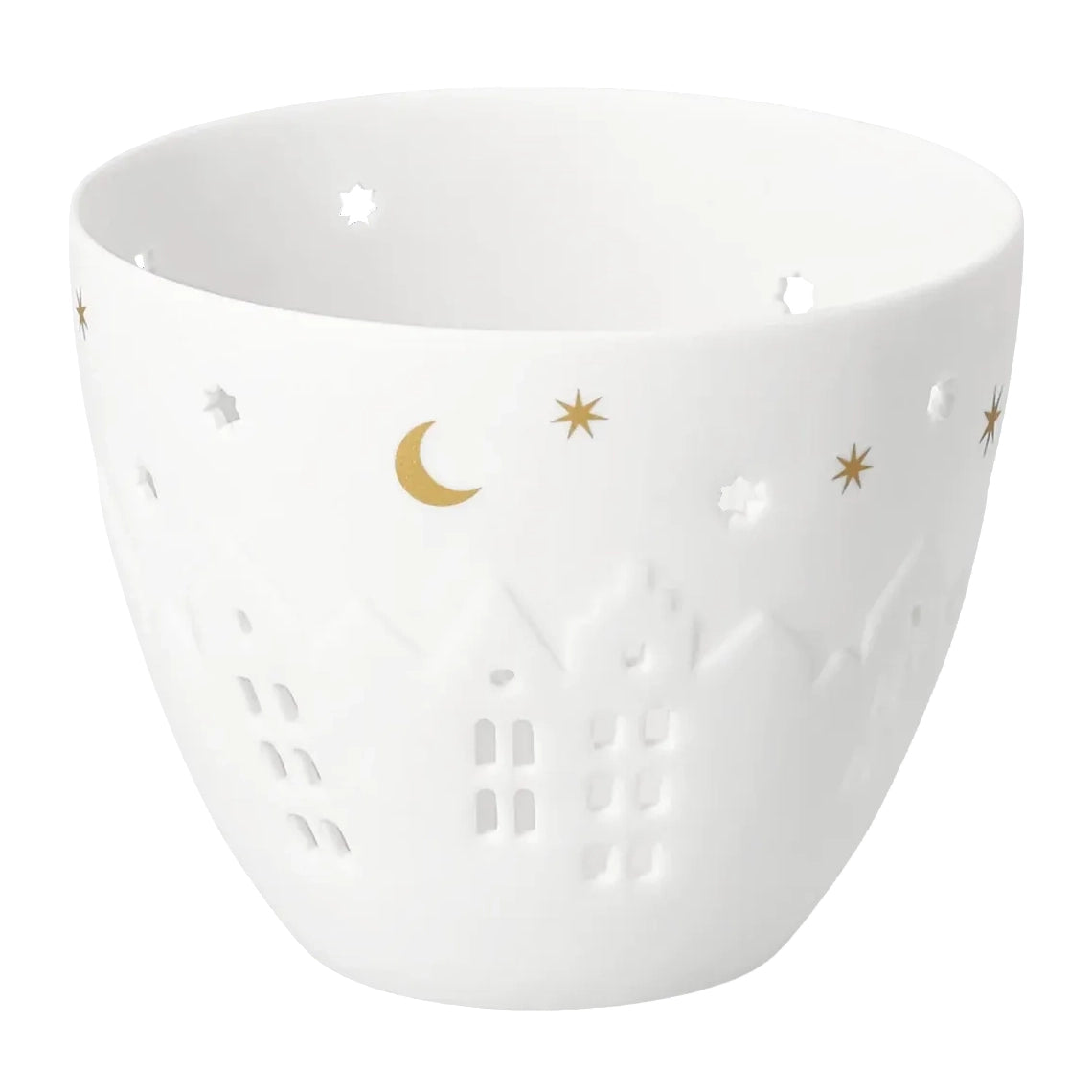 Weißes räder Mini-Poesielicht aus Porzellan mit Häuserrelief, sternförmigen Durchbrüchen sowie goldenem Mond und Sternen
