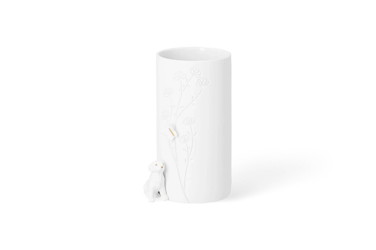 Vase „Hund“ sitzend, aus Porzellan mit Golddetails