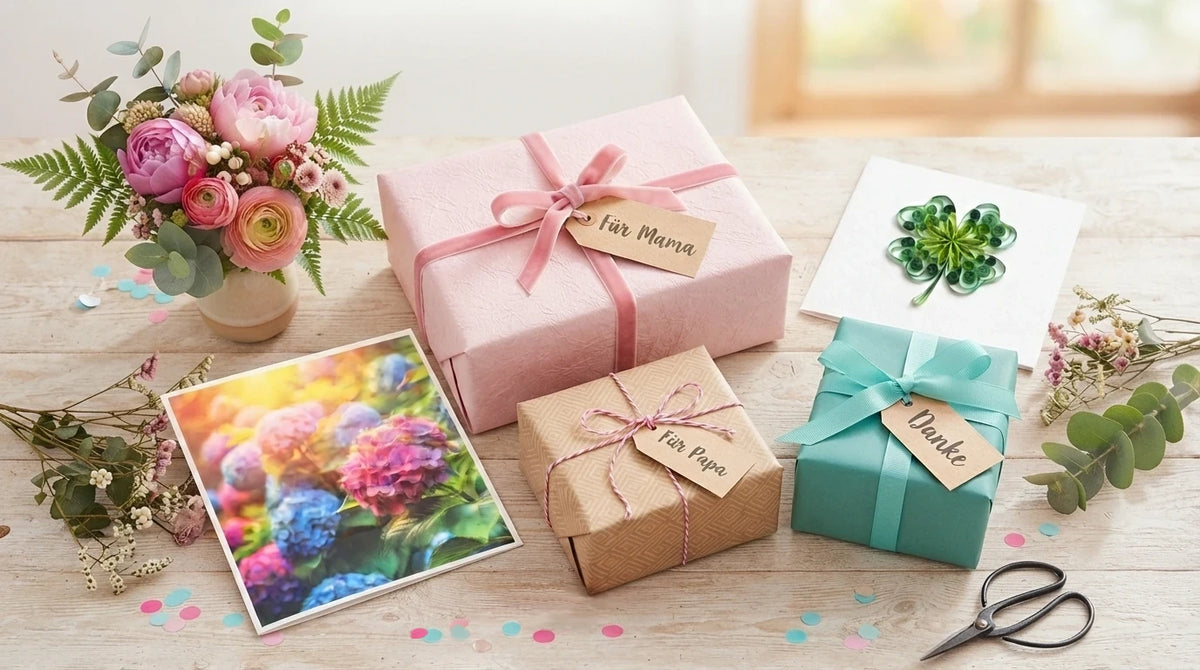 Liebevoll verpackte Geschenke, Grußkarten mit Blumen- und Kleeblatt-Motiven sowie ein kleiner Blumenstrauß liegen auf einem Holztisch