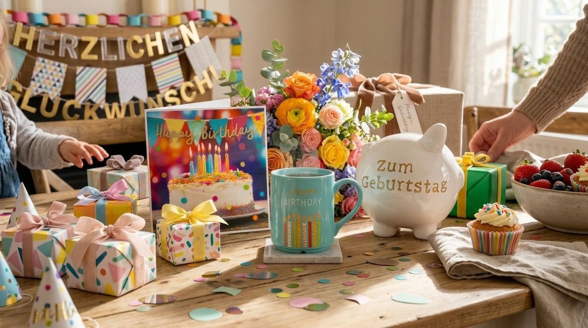 Geburtstagsgeschenke auf einem dekorierten Tisch: Tasse, Sparschwein, Glückwunschkarte und verpackte Präsente