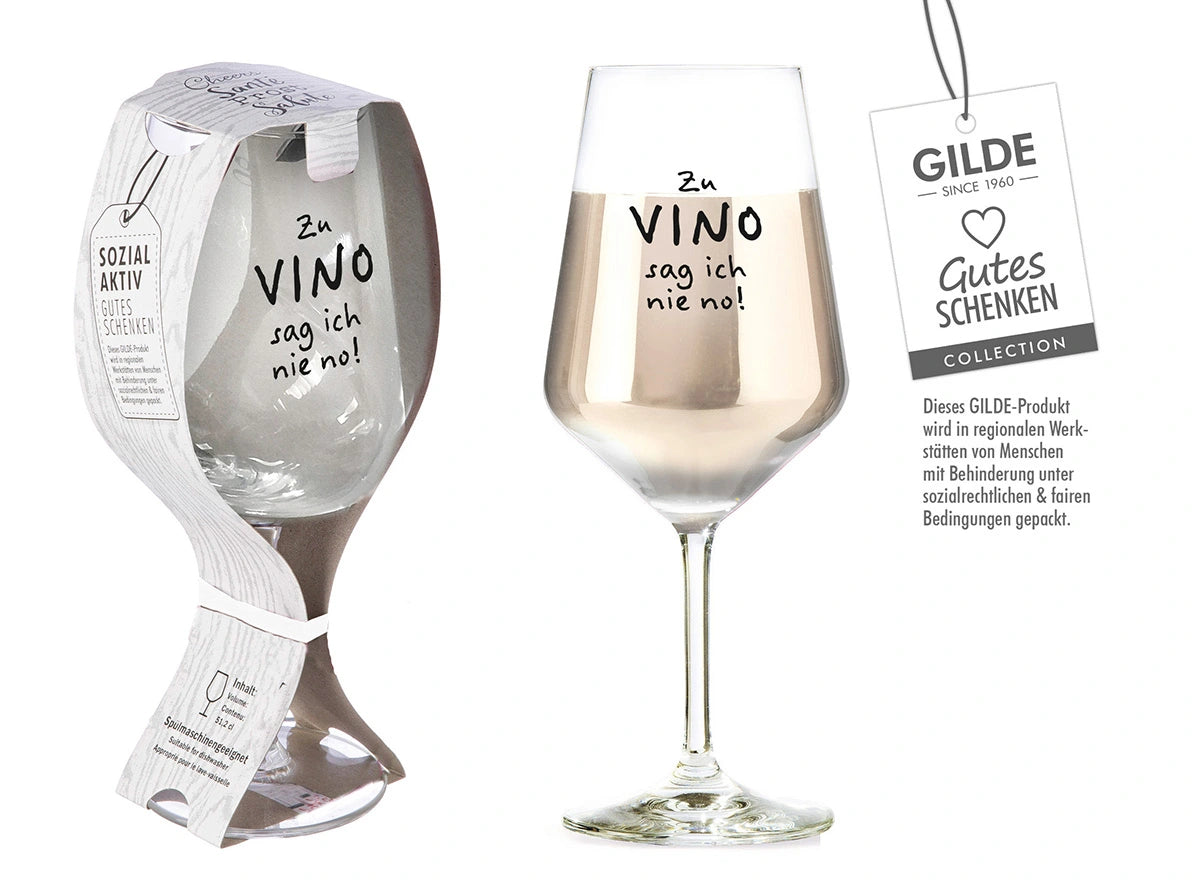 Weinglas mit Spruch „Zu Vino sag ich nie no!“ mit Geschenkbanderole