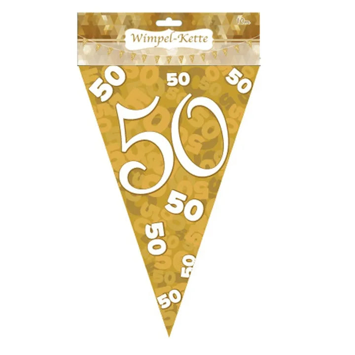 Wimpel-Girlande "50" in Gold, 10 m