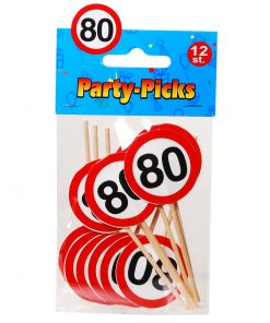 Party-Picks in Verkehrszeichen-Design auf Holzstab mit der Zahl 80