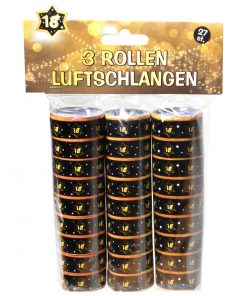 3 Rollen Luftschlangen zum 18. Geburtstag in schwarz/gold