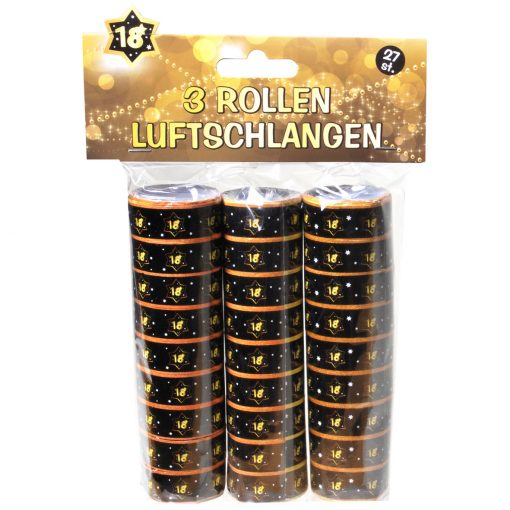 3 Rollen Luftschlangen zum 18. Geburtstag in schwarz/gold