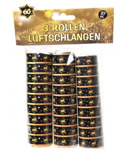 3 Rollen Luftschlangen zum 60. Geburtstag in schwarz/gold