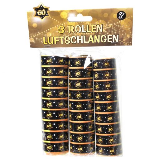 3 Rollen Luftschlangen zum 60. Geburtstag in schwarz/gold