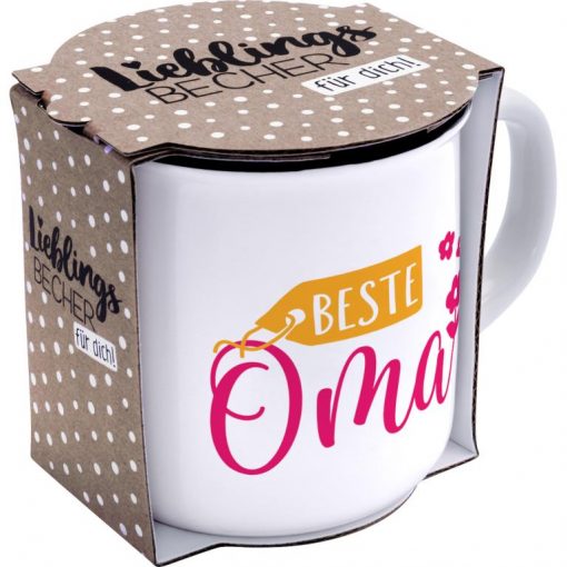 Sheepworldbecher in weiß mit Aufschrift "Beste Oma" in Geschenkbanderole