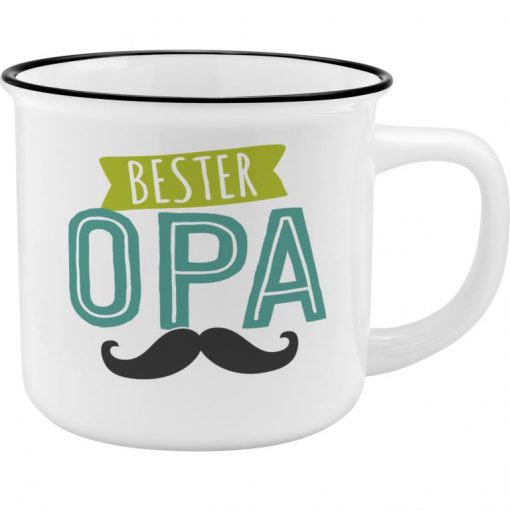 Sheepworldbecher in weiß mit Aufschrift "Bester Opa" und Schnurbart darunter