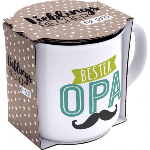 Sheepworldbecher in weiß mit Aufschrift "Bester Opa" und Schnurbart darunter in Geschenkbanderole