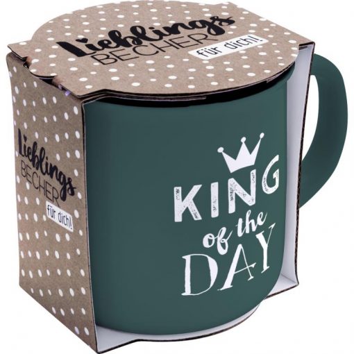 grauer Porzellanbecher mit Motiv und Spruch "King of the Day" mit Geschenkbanderole